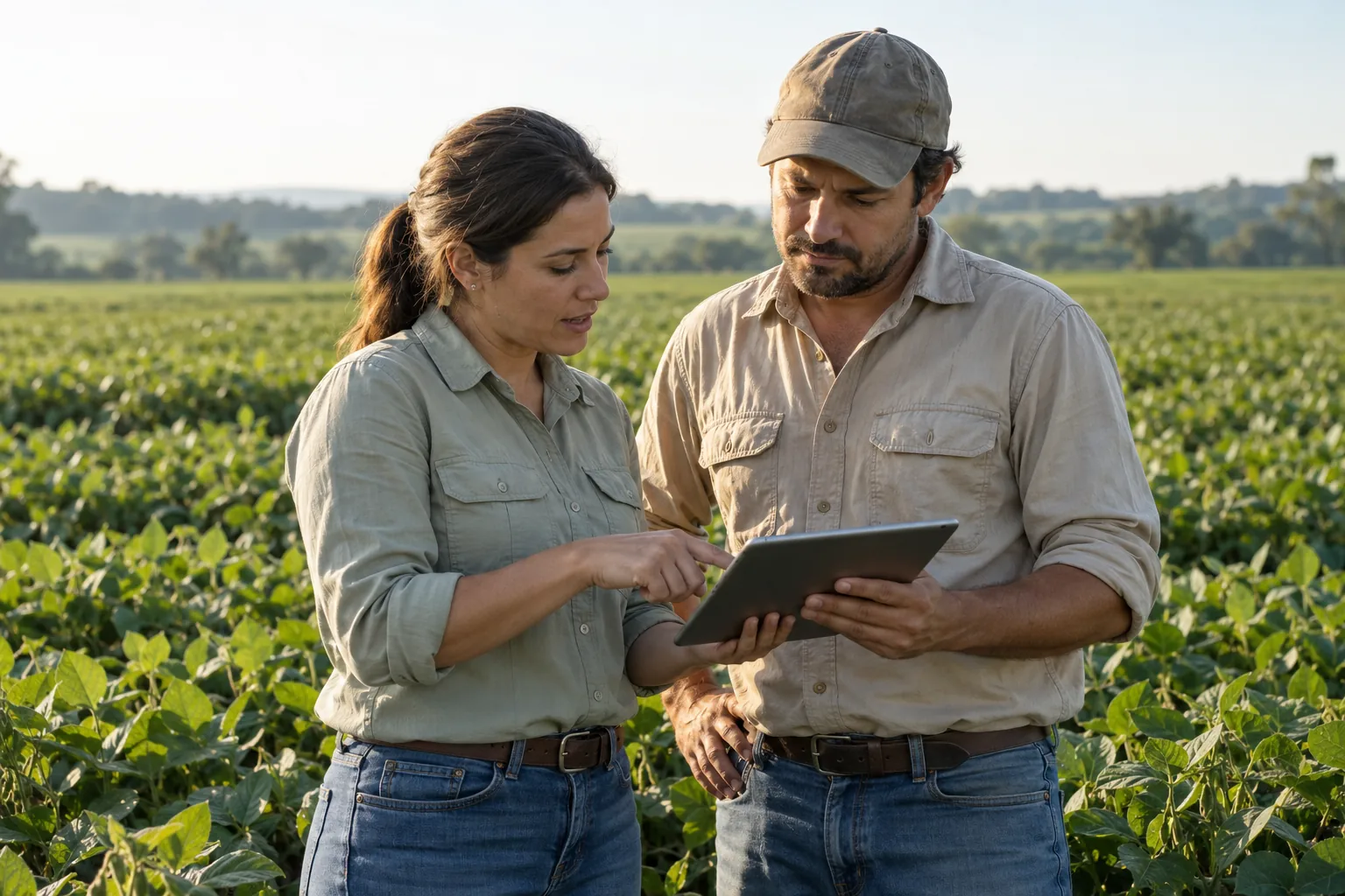 Grower and agronomist reviewing a document together in the field