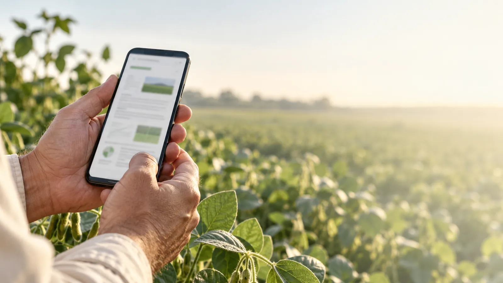 Hands reviewing a document on a phone beside a crop